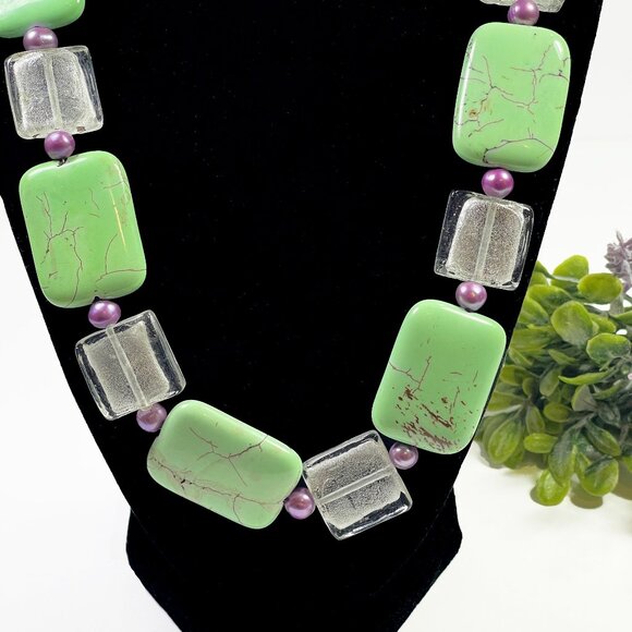 Vintage LEMON CHRYSOPRASE Necklace Green Purple with Clear Glass Beads 22” - Picture 2 of 7